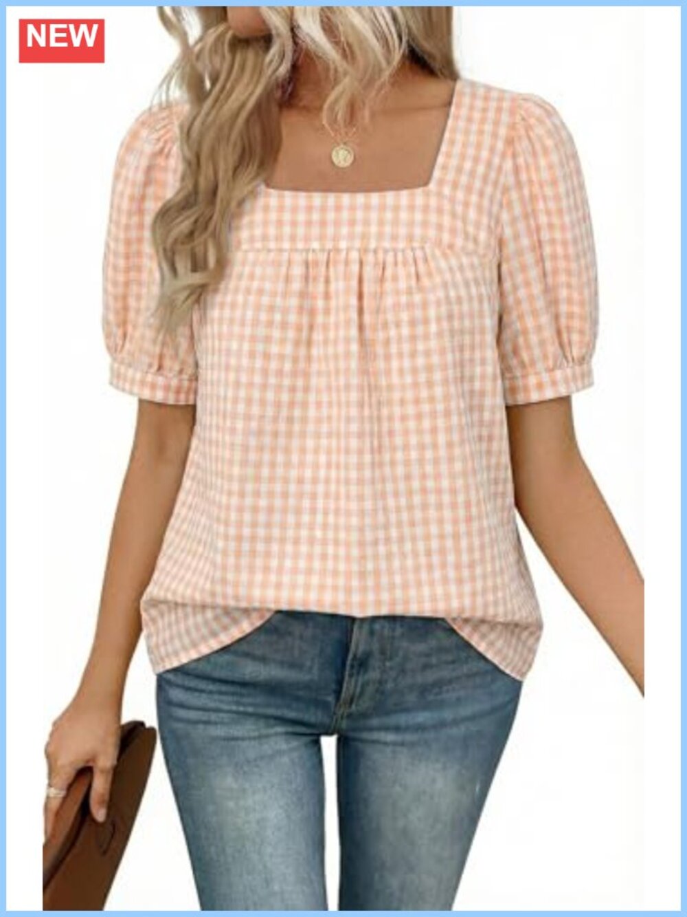 EVALESS Womens Gingham Top Square Neck Short Sleeve Cotton-Blend Tunic Blouse